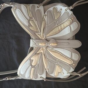 EUC Betsy Johnson Natural and Metallic Fringe Butterfly Crossbody Shoulder Bag
